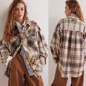 NWT Free People Patched Up Plaid Shirt at Free People Oatmeal Size: Large